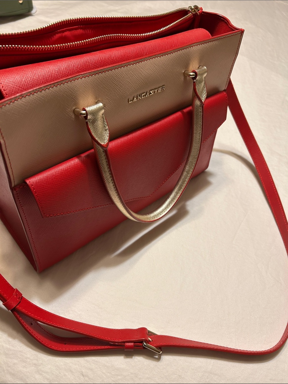 Lancaster Two-Tone Red and Gold Saffiano Satchel